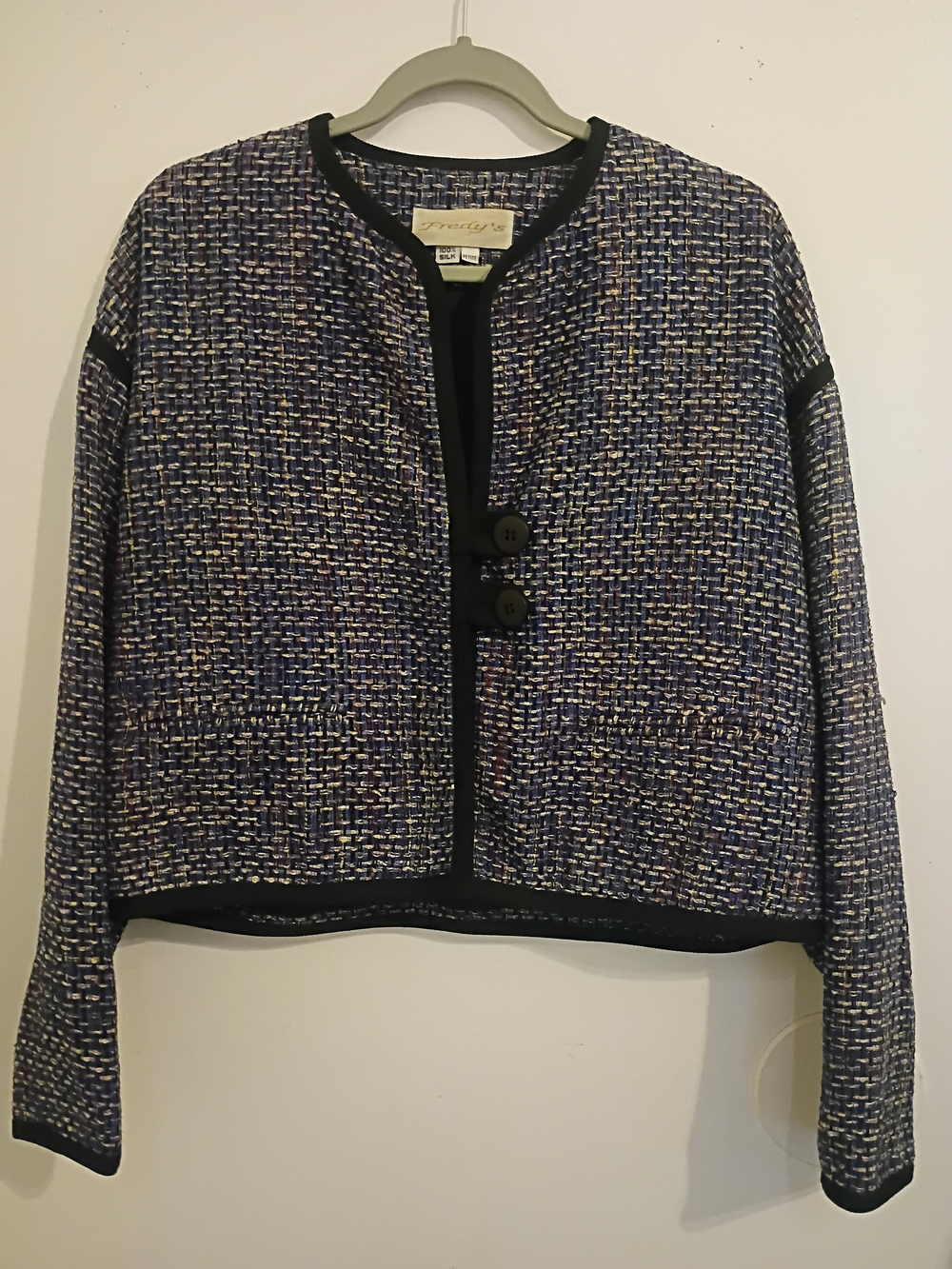 VTG Freddy Women's Blue and Black Tweed Cropped Jacket 100% Silk Sz LP